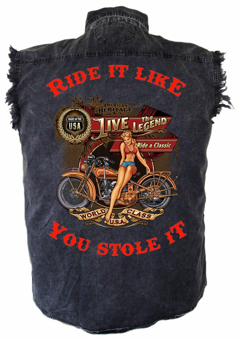 Mens Ride It Live The Legend Babe Acid Washed Denim Biker Shirt