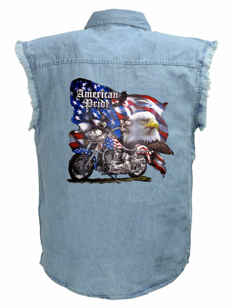 Mens American Pride Eagle Blue Denim Sleeveless Cutoff Biker Shirt