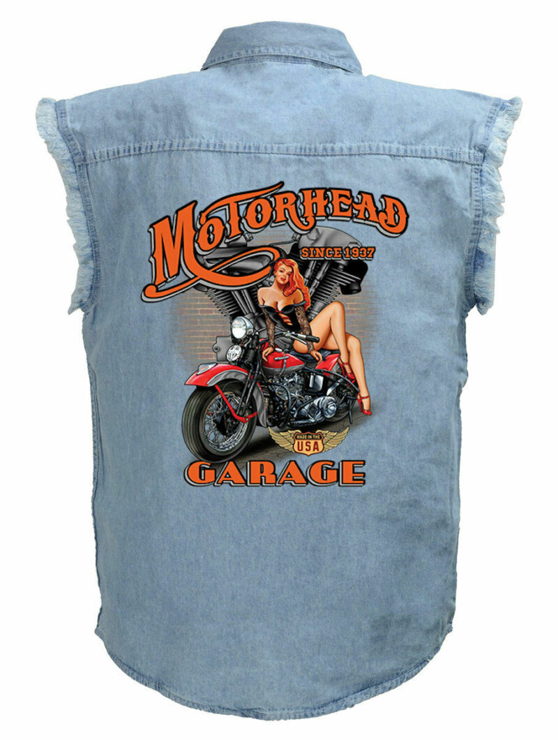 Mens Motorhead Garage Babe Blue Denim Sleeveless Cutoff Biker Shirt