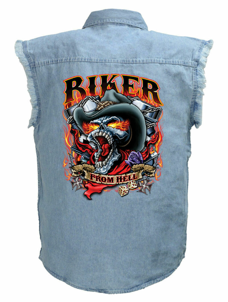 Mens Biker From Hell Skull Flames Blue Denim Sleeveless Cutoff Biker Shirt