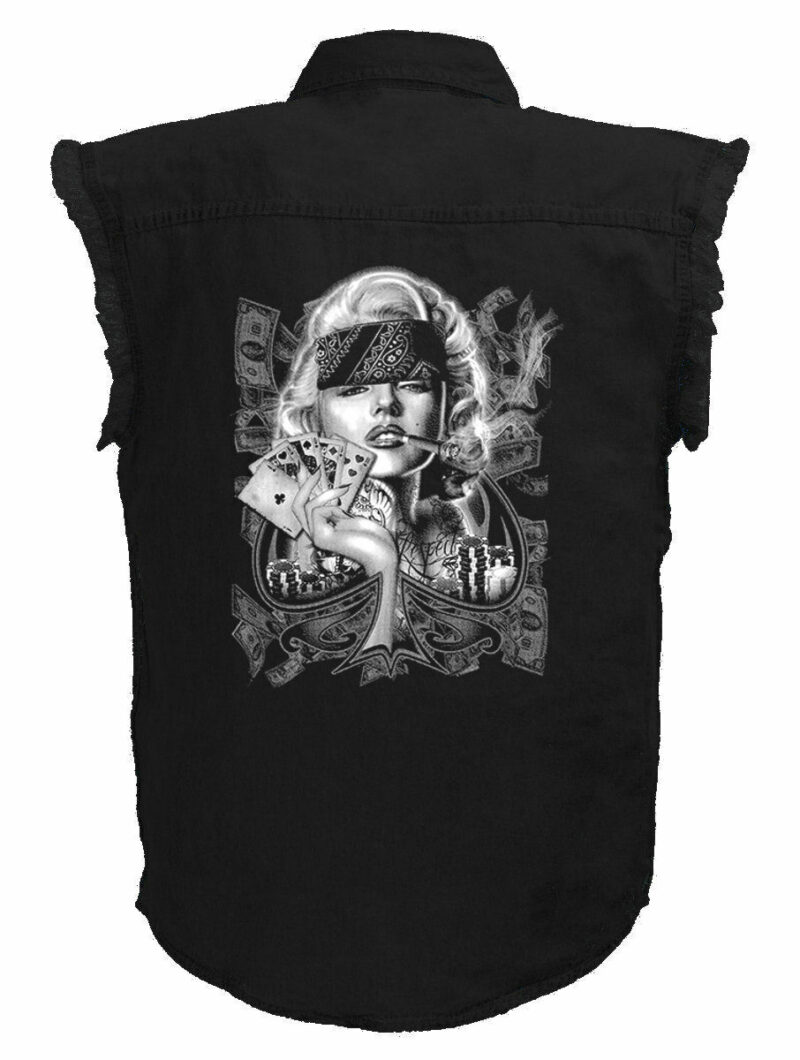 Mens Black Denim Sleeveless Marilyn Monroe Poker Girl Shirt