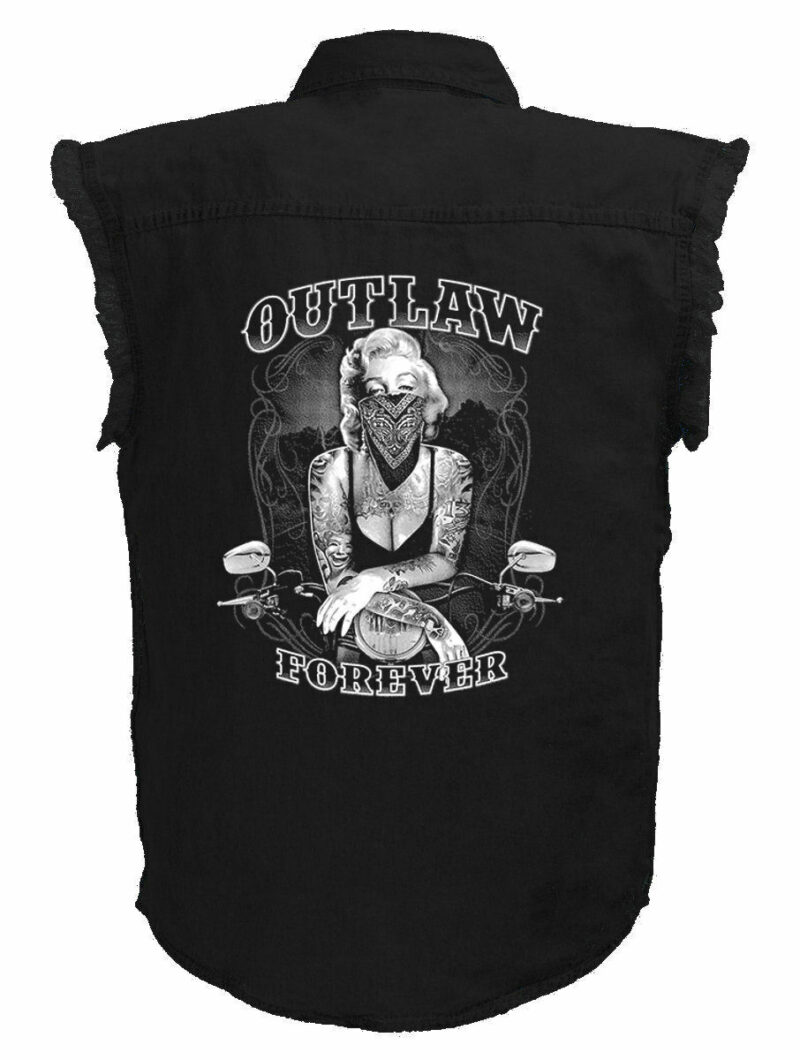 Mens Black Denim Sleeveless Marilyn Monroe Outlaw Forever Shirt