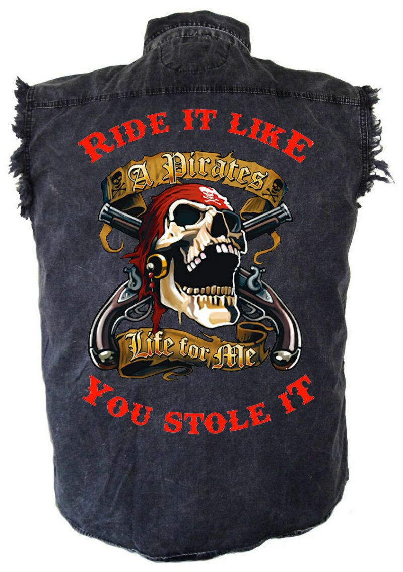 Mens Ride It A Pirates Life For Me Acid Washed Denim Biker Shirt