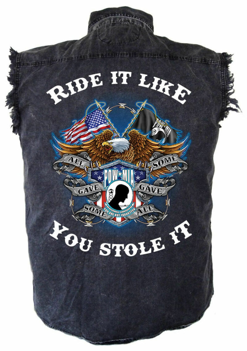 Men's Ride It White All Gave Some POW-MIA Eagle Acid Washed Denim Biker Shirt