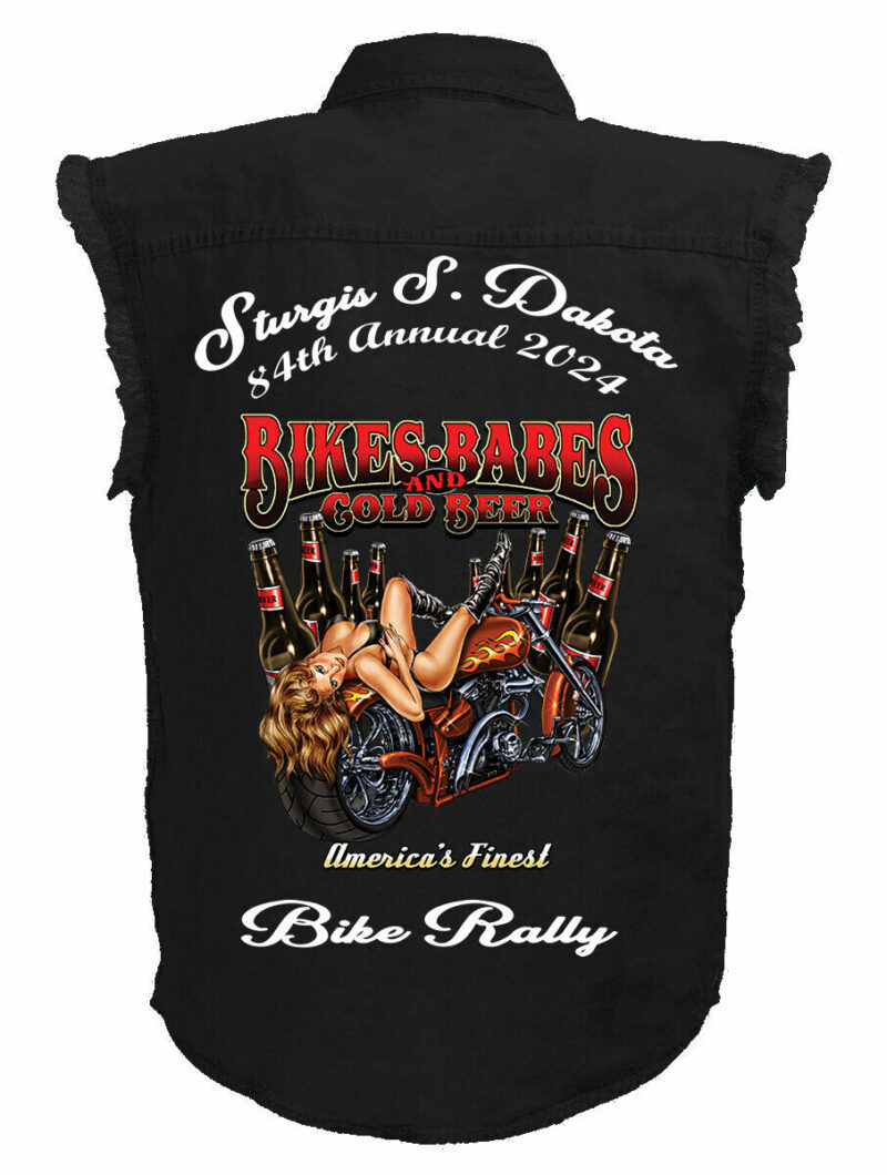 Mens 2024 Sturgis Bike Rally Hot Bikes Babes And Beer Black Denim Shirt