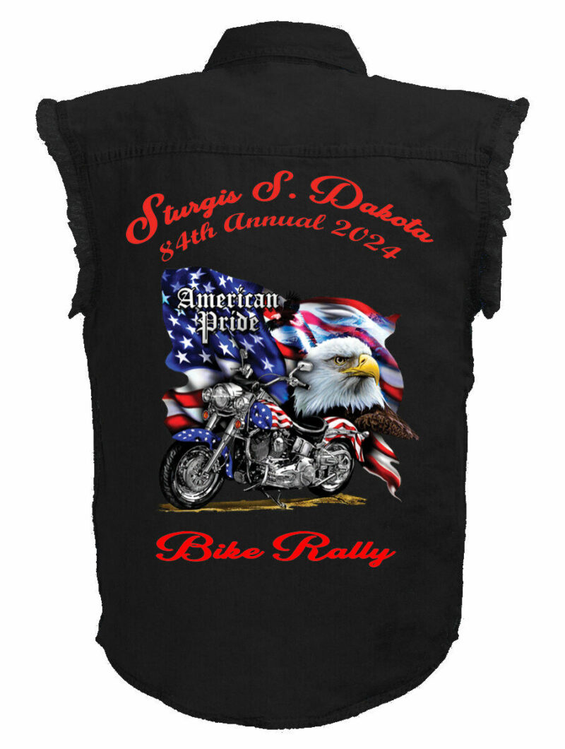 Mens Sturgis Bike Rally 2024 American Motorcycle Eagle Black Biker Denim Shirt