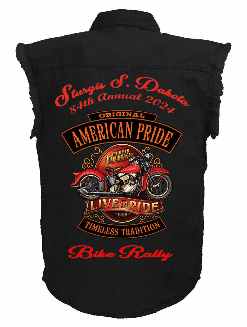 Mens Sturgis Bike Rally 2024 Live To Ride Motorcycle  Black Biker Denim Shirt