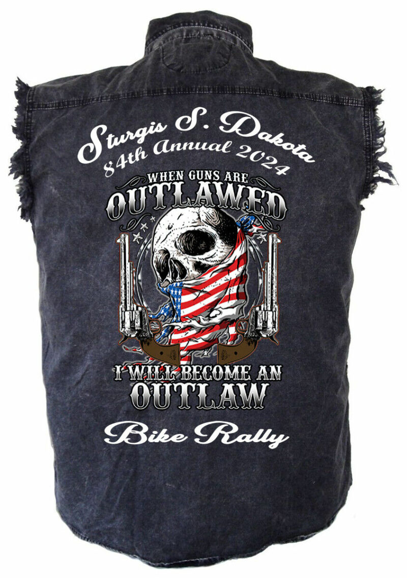 Mens Sturgis Bike Rally 2024 2nd Amendment Outlaw Cowboy Charcoal Denim Shirt