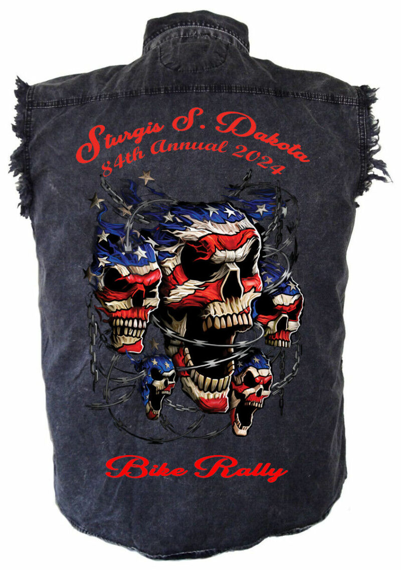 Mens 2024 Sturgis Bike Rally American Flag Skulls Charcoal Denim Shirt