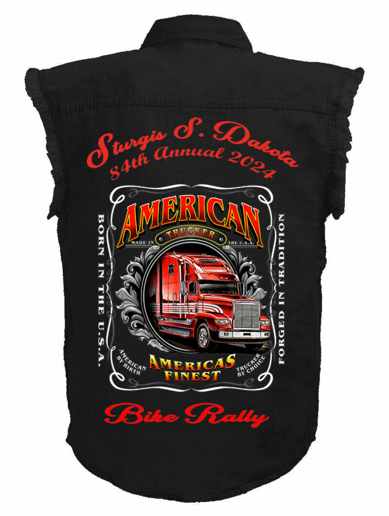 Mens Sturgis Bike Rally 2024 American Trucker Black Biker Denim Shirt