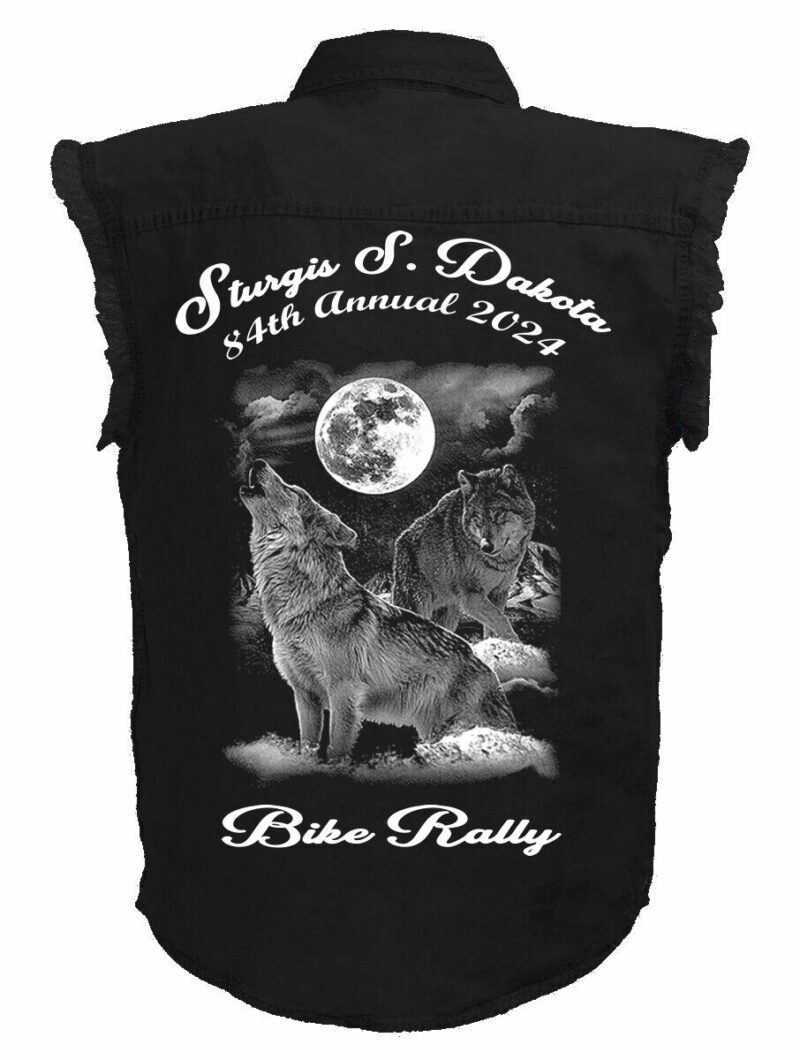 Mens 2024 Sturgis Bike Rally Howling Night Wolves Black Denim Shirt