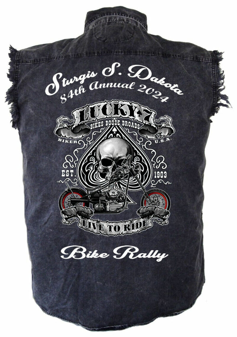 Mens 2024 Sturgis Bike Rally Lucky 7 Motorcycle Skull Charcoal Denim Shirt