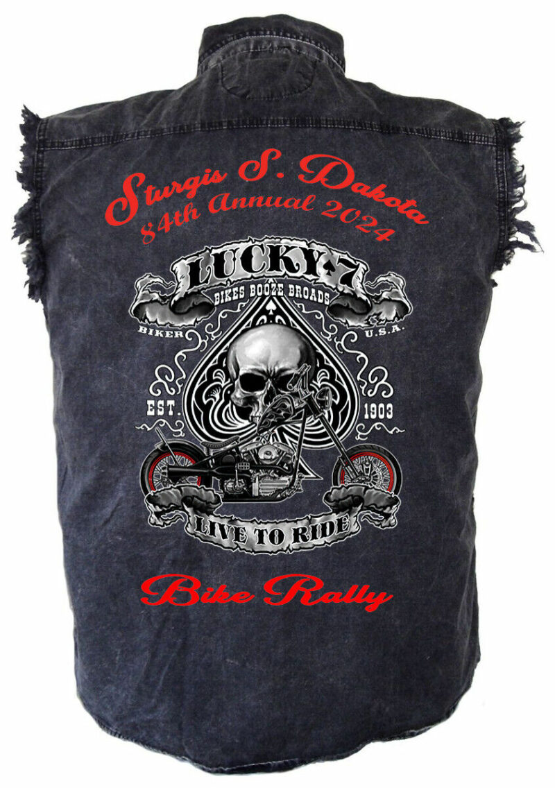Mens 2024 Sturgis Bike Rally Lucky 7 Motorcycle Skull Charcoal Denim Shirt