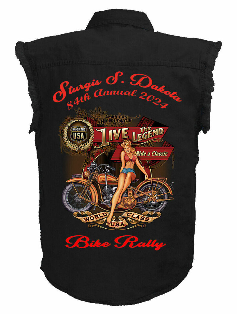 Mens Sturgis Bike Rally 2024 Hot Ride A Classic Babe Black Biker Denim Shirt