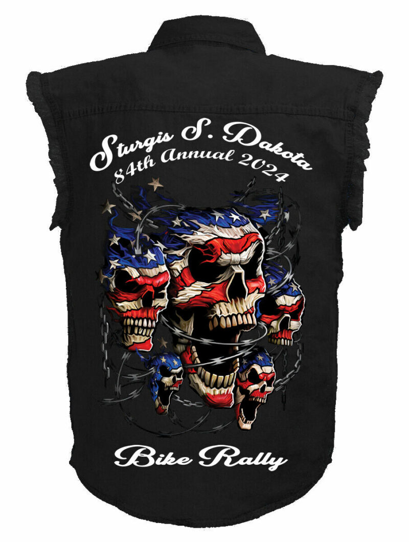Mens 2024 Sturgis Bike Rally American Flag Skulls Black Denim Shirt