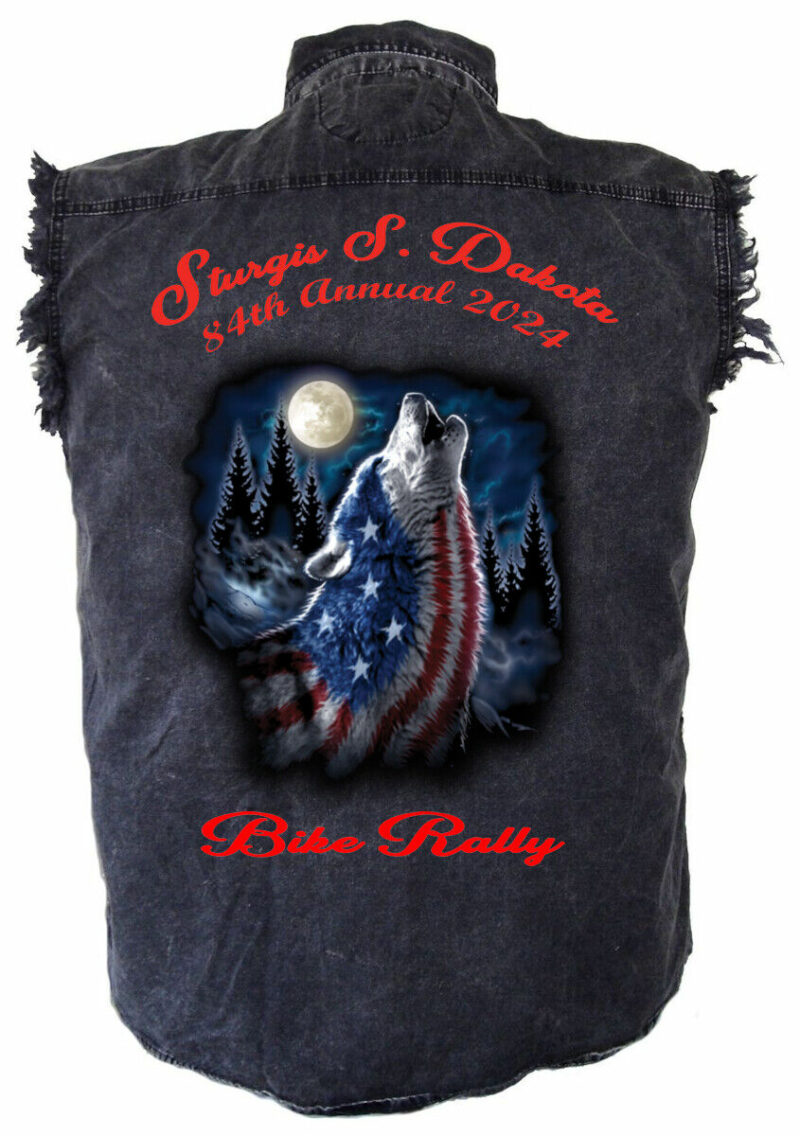 Mens 2024 Sturgis Bike Rally Patriotic Howling Wolf Charcoal Denim Shirt
