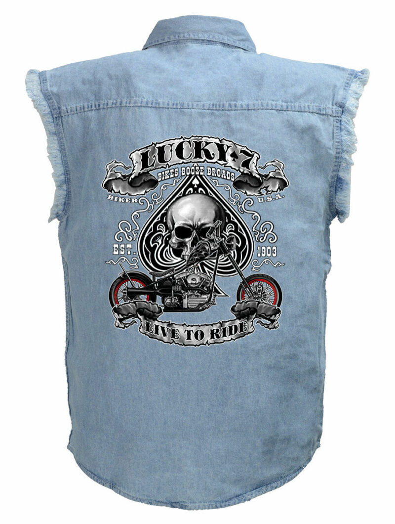 Mens Lucky Skull And Spade Live To Ride Blue Denim Sleeveless Cutoff Biker Shirt