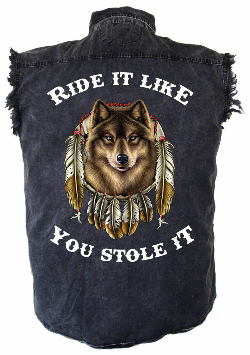 Men's Ride It White Dreamcatcher Wolf Acid Washed Denim Biker Shirt
