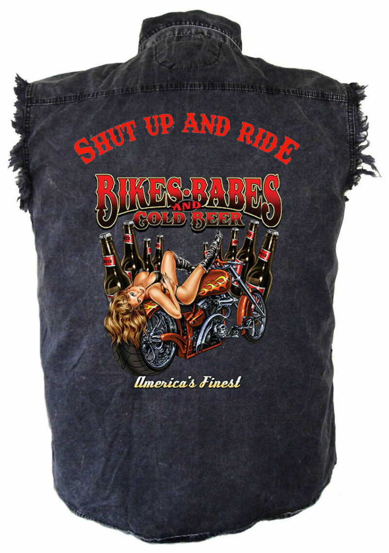 Men's Shut Up And Ride Bikes And Babes Acid Washed Denim Biker Shirt