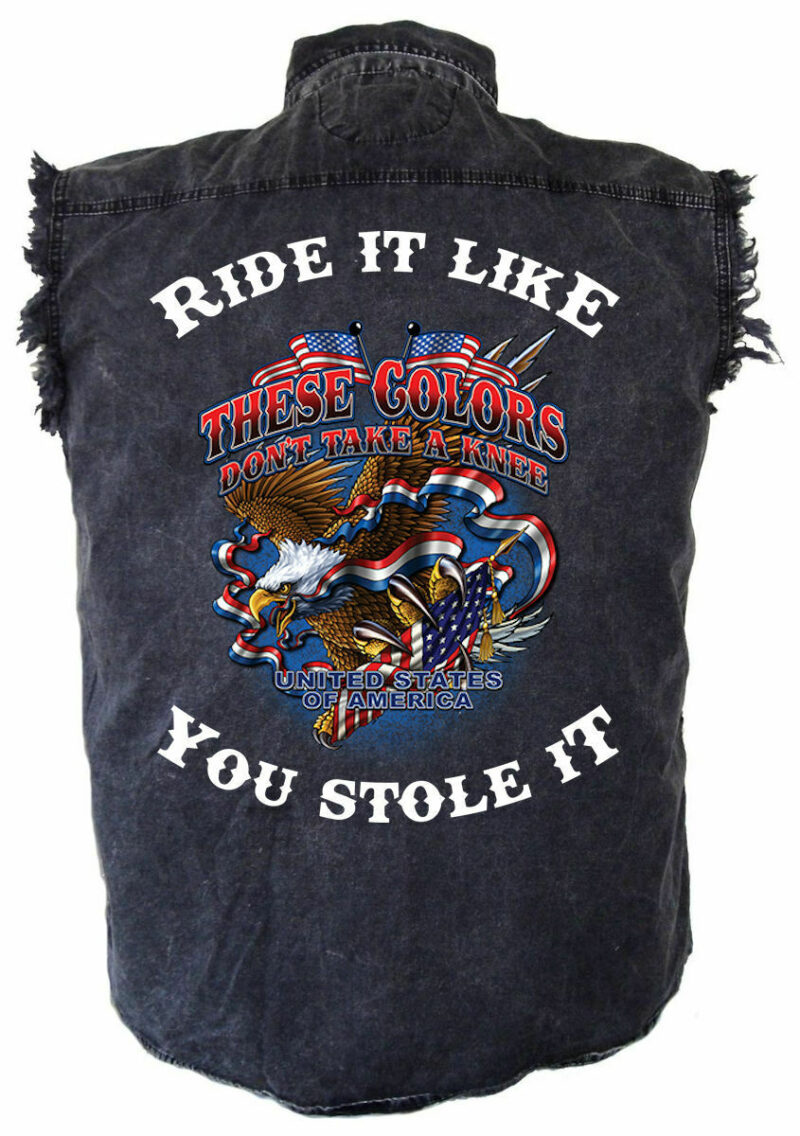 Men's Ride It White These Colors Don't Take A Knee Acid Washed Denim Biker Shirt