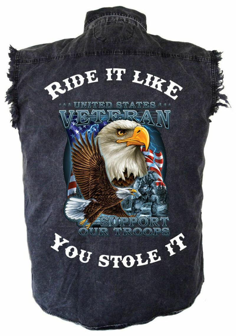 Men's Ride It White United States Veteran Eagle Acid Washed Denim Biker Shirt