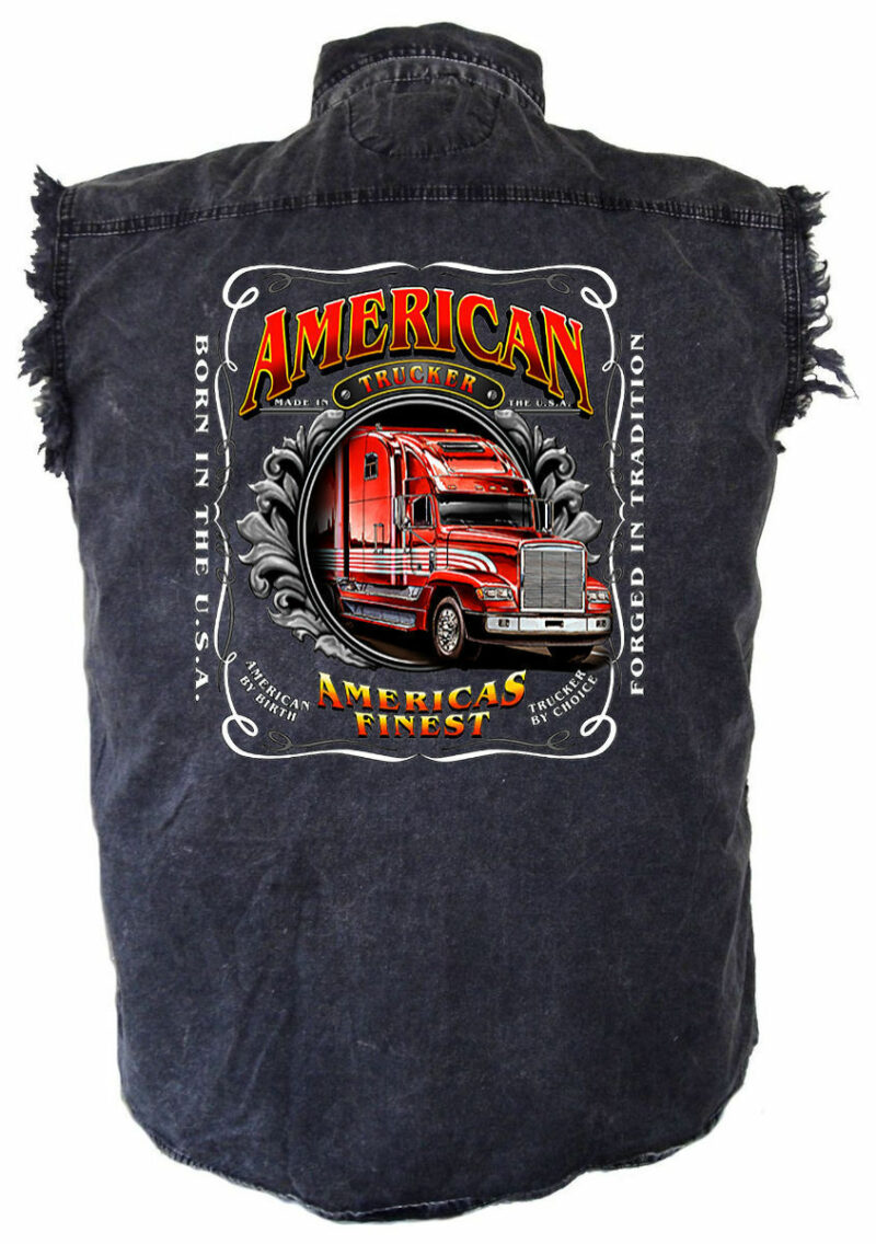 Mens Acid Washed Americas Finest Trucker Motorcycle Denim Cutoff Biker Shirt