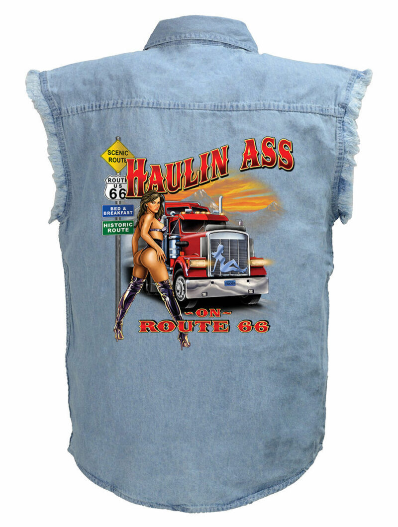 Mens Blue Denim Sleeveless Haulin Ass Sexy Trucker Babe Motorcycle Shirt