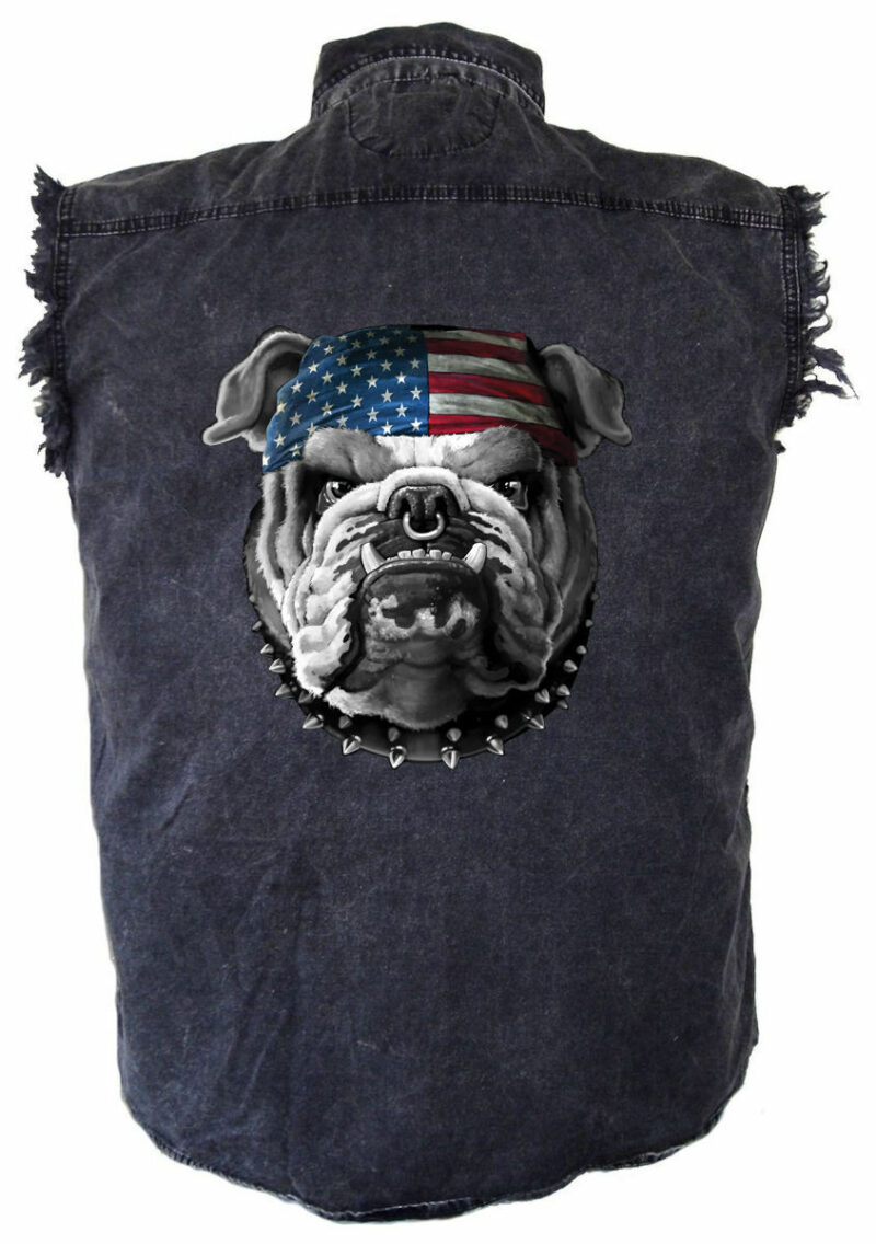 Mens Acid Washed Patriotic Mean Bulldog Motorcycle Denim Cutoff Biker Shirt