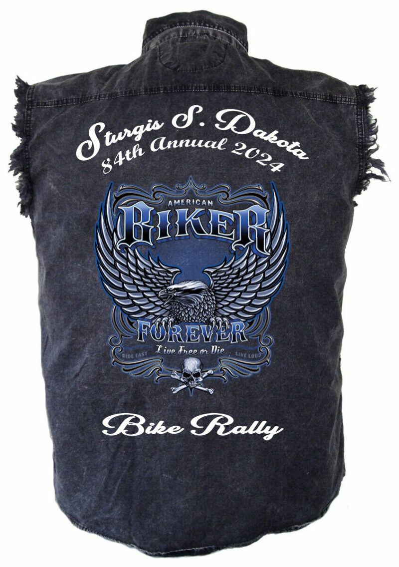 Mens Sturgis Bike Rally 2024 Biker Forever Eagle Charcoal Denim Shirt