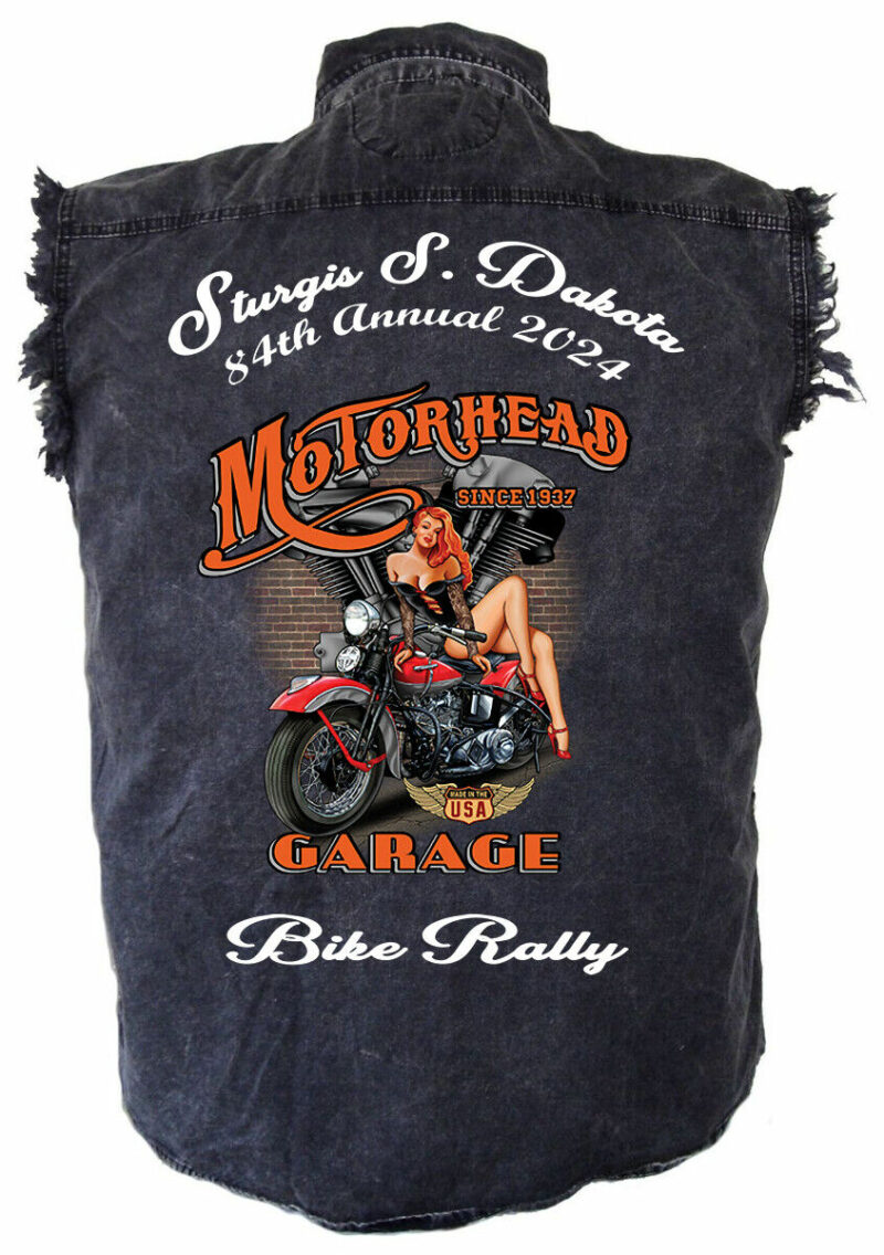 Mens Sturgis Bike Rally 2024 Hot Motorhead Garage Babe  Charcoal Denim Shirt