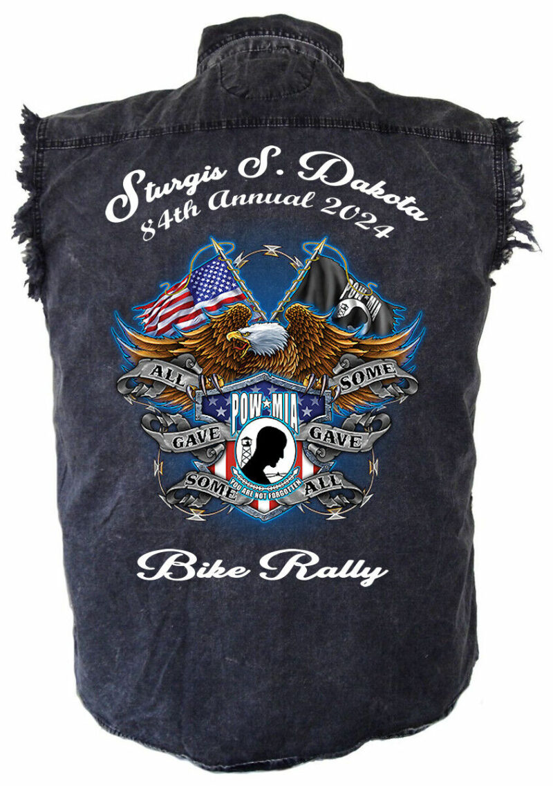 Mens Sturgis Bike Rally 2024 Patriotic Military Veteran Charcoal Denim Shirt