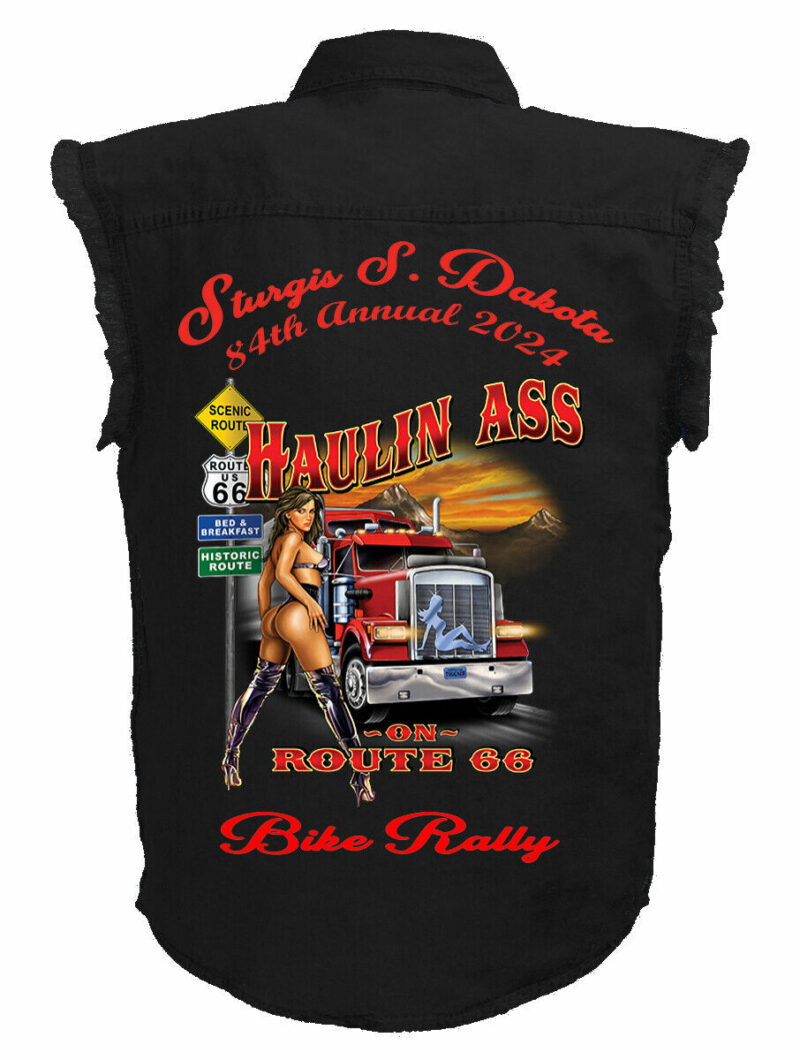 Mens Sturgis Bike Rally 2024 Hot Trucker Route 66 Babe Black Biker Denim Shirt