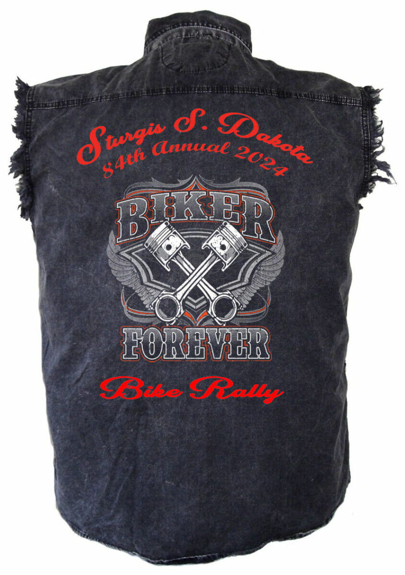 Mens 2024 Sturgis Bike Rally Patriotic Biker Forever Charcoal Denim Shirt