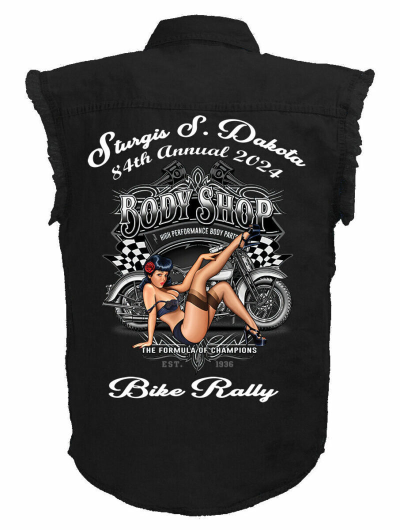 Mens 2024 Sturgis Bike Rally Body Shop Pinup Babe  Black Denim Shirt