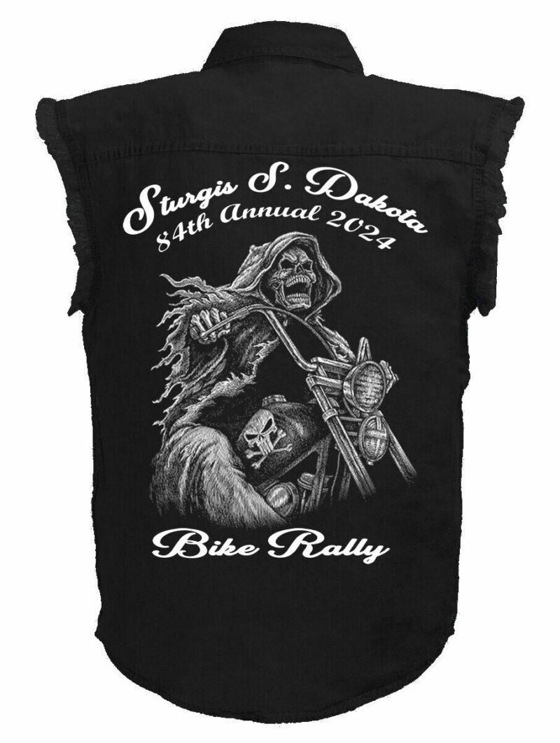 Mens 2024 Sturgis Bike Rally Riding Grim Reaper Black Denim Shirt