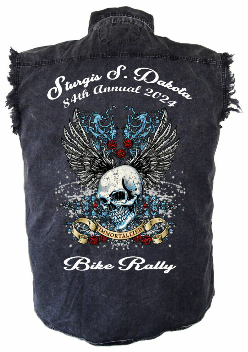 Mens Sturgis Bike Rally 2024 Skull Wings Rose Charcoal Denim Shirt