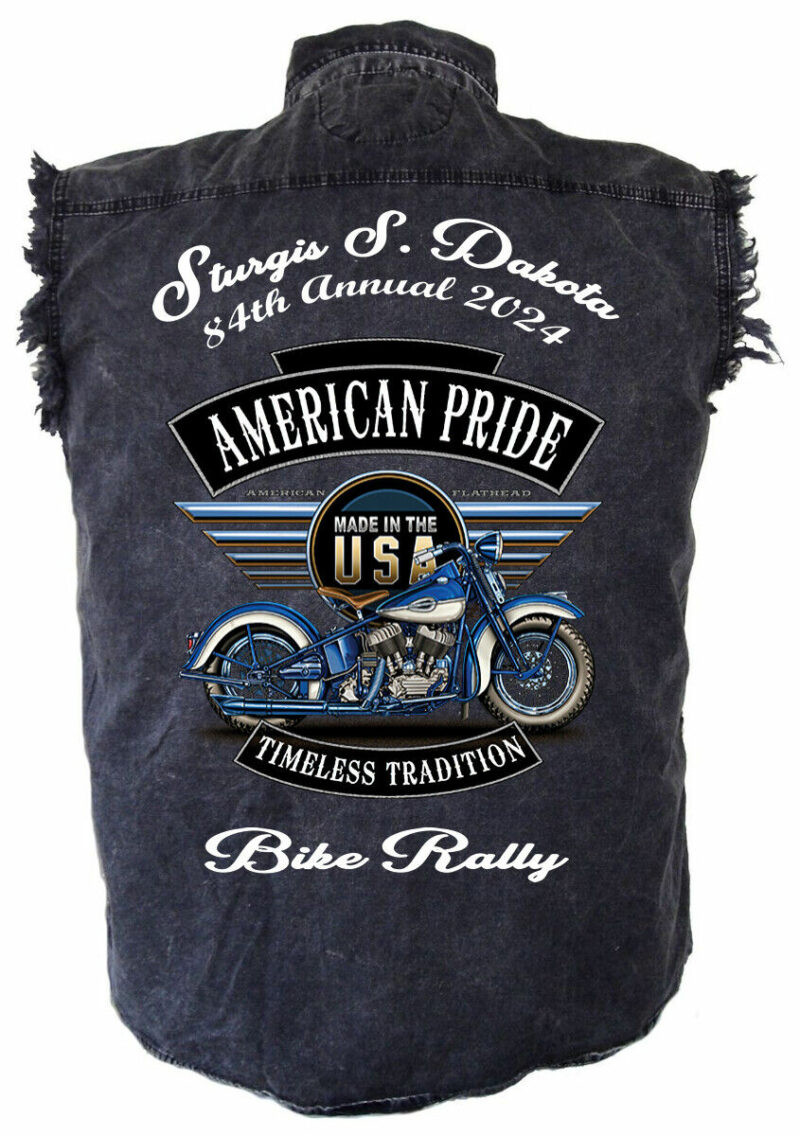 Mens Sturgis Bike Rally 2024 Patriotic USA Motorcycles Charcoal Denim Shirt