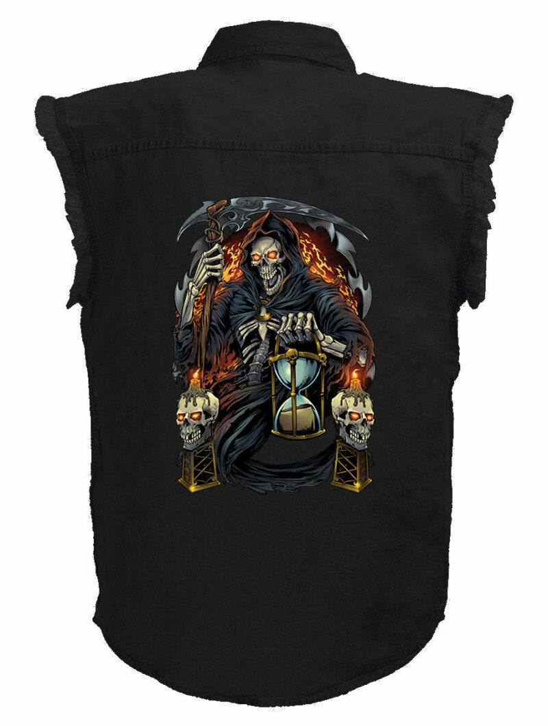 Mens Grim Reaper Flames Skulls Scythes Design On Black Twill Denim Biker Shirt