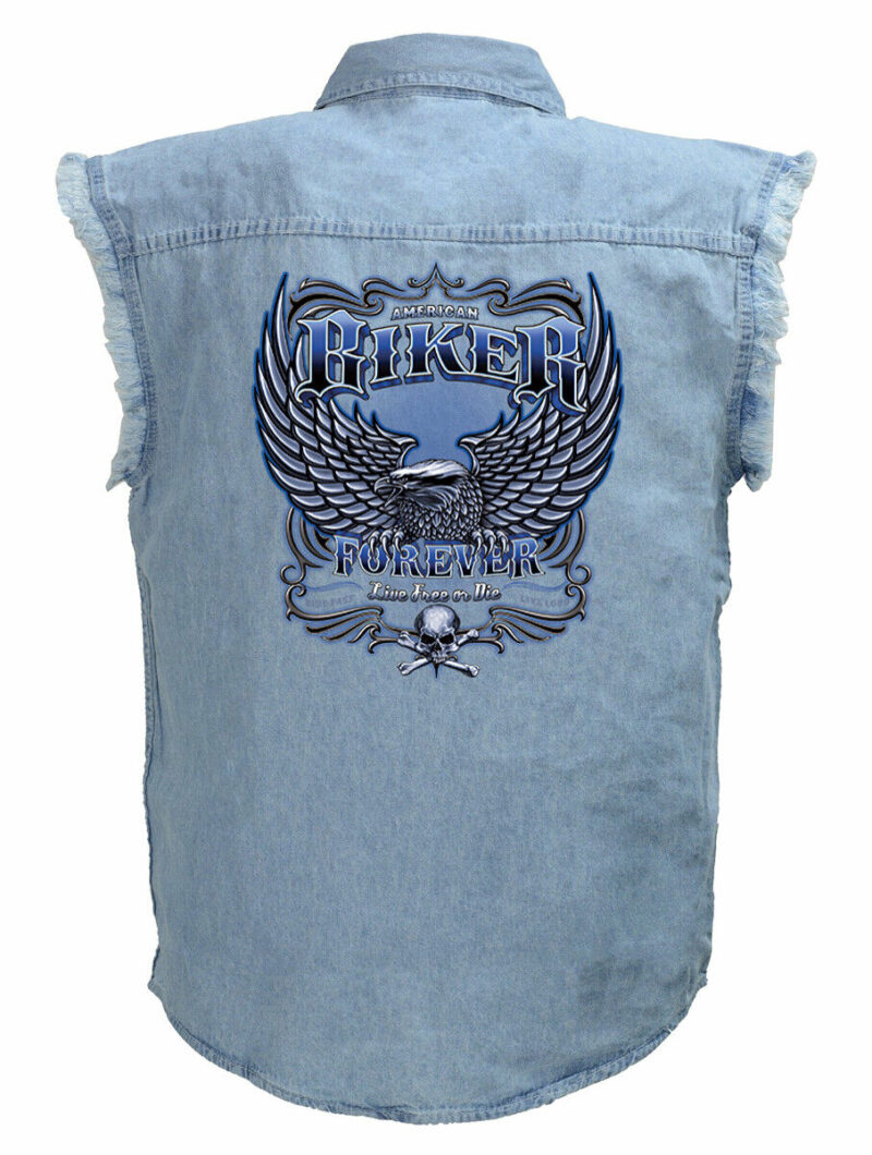 Mens Biker Forever Eagle Design On Blue Denim Biker Shirt
