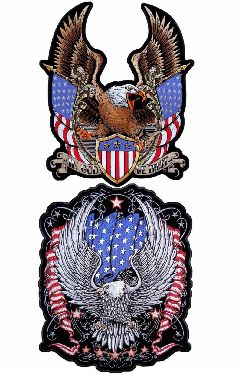 Patriotic Eagles American Flag Set Of Two Embroidered Biker Patches Large Size