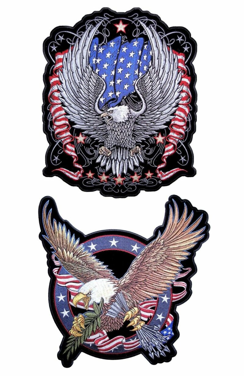 Patriotic Eagles USA Flag Set Of Two Embroidered Biker Patches Large Size