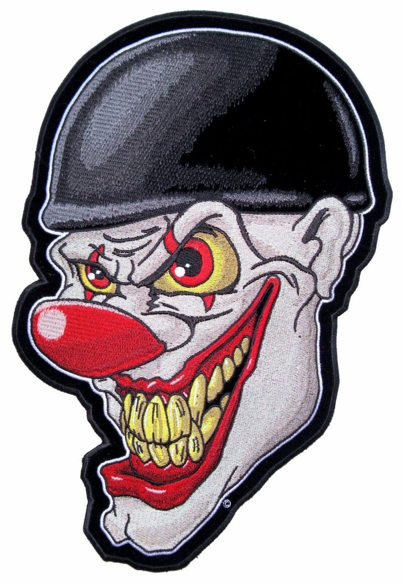 Large Crazy Evil Clown Face Wearing Turtle Shell Helmet Embroidered Biker Patch