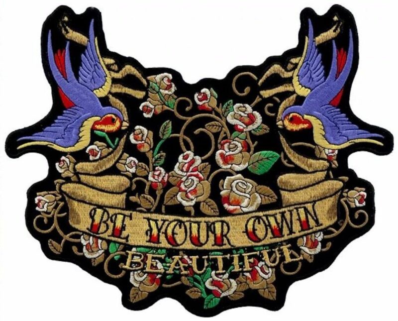 Ladies Be Your Own Beautiful Bluebirds, Roses lady Embroidered Biker Patch Large