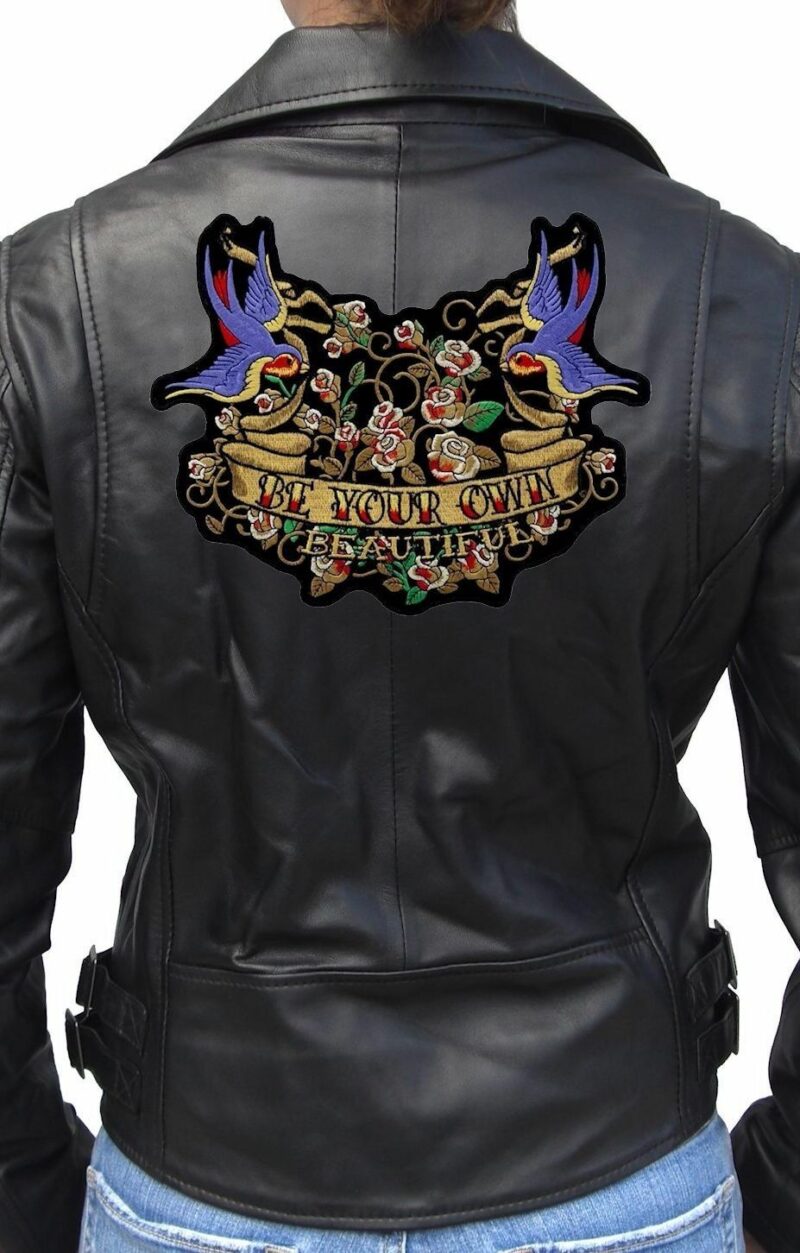 Ladies Be Your Own Beautiful Bluebirds, Roses lady Embroidered Biker Patch Large - Image 2