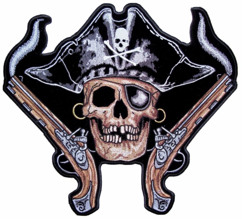 Pirate Skull Eye Patch Smoking Guns Embroidered Biker Patch Large FREE SHIP