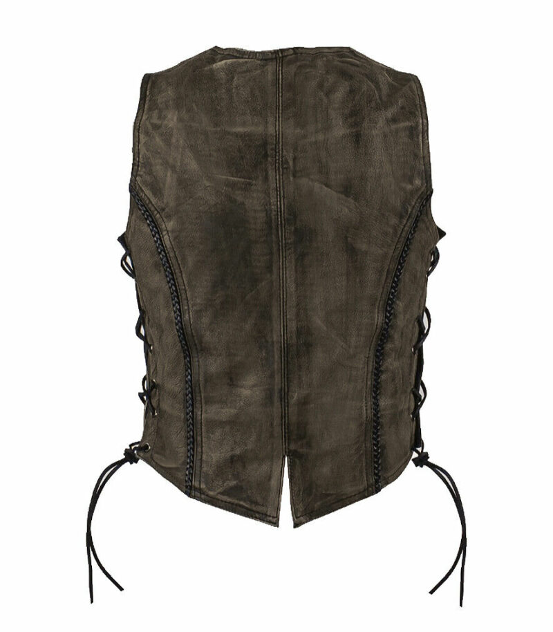 Womens Earth Brown Leather Biker Vest Longer Cut Concealed Carry Side Laces - Image 2