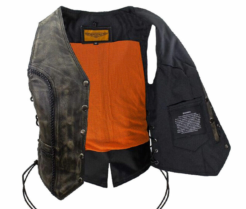 Womens Earth Brown Leather Biker Vest Longer Cut Concealed Carry Side Laces - Image 5