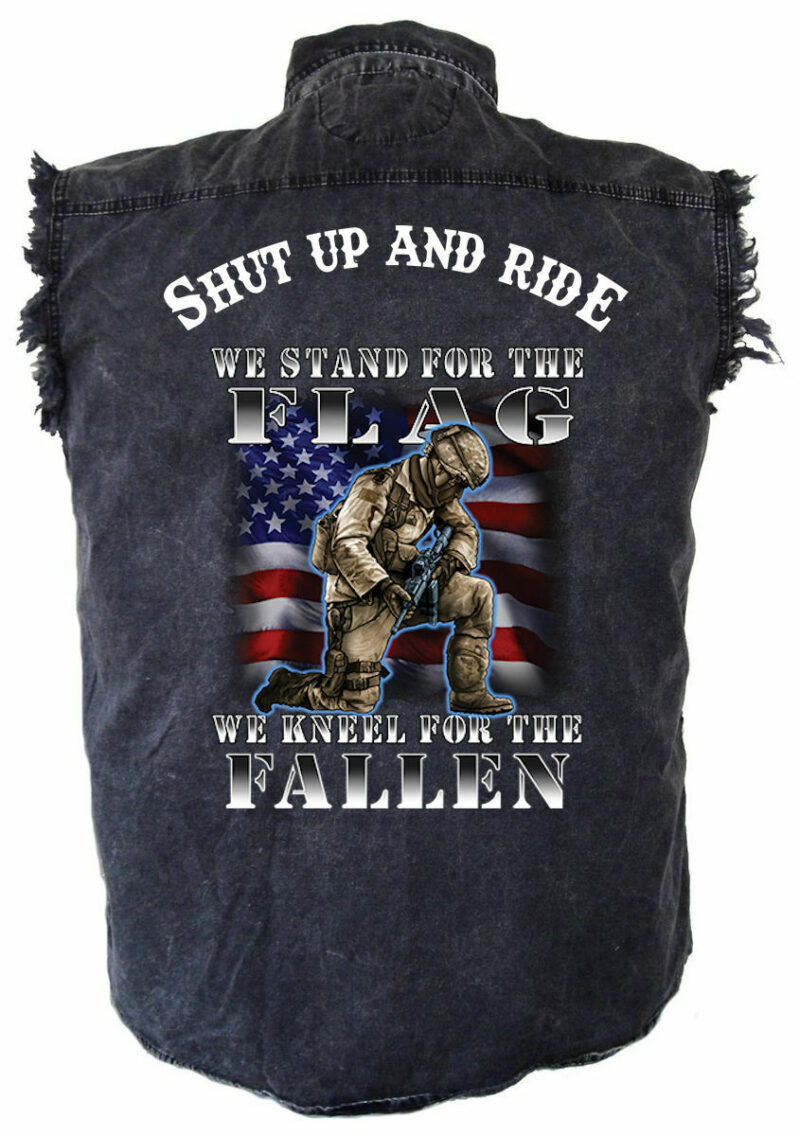 Men's Shut Up And Ride We Stand For Flag Military Acid Washed Denim Biker Shirt