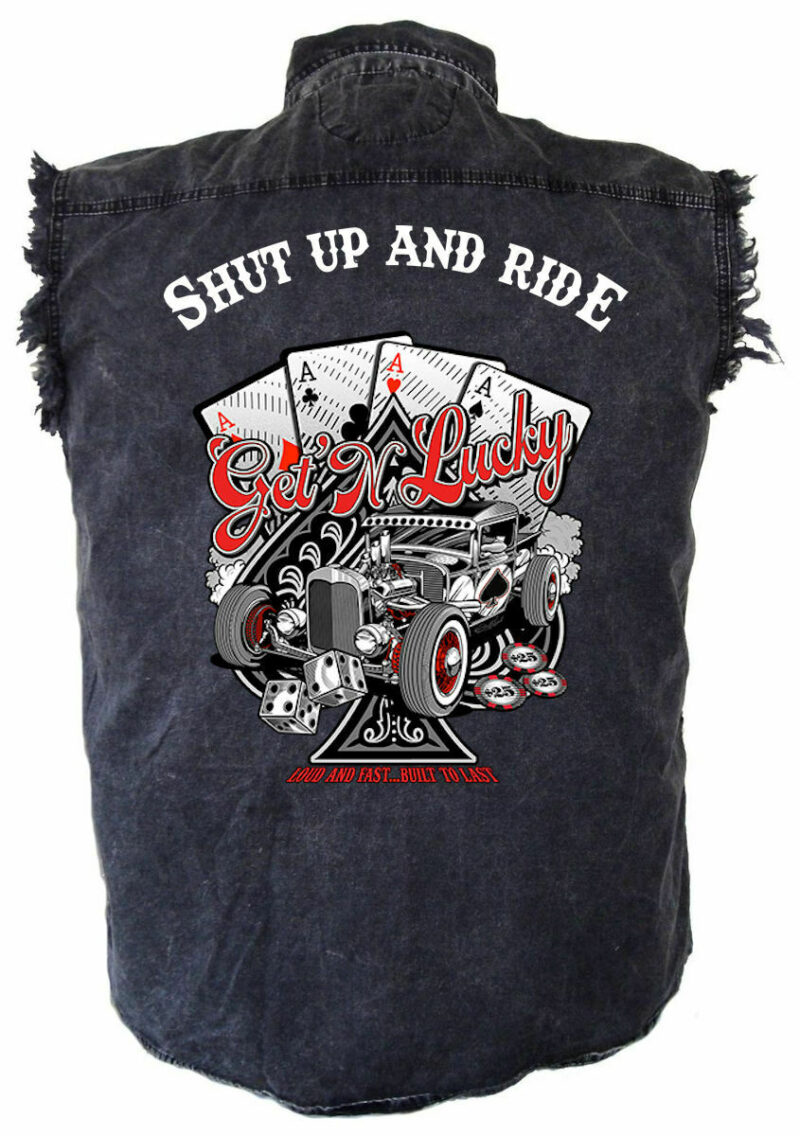 Men's Shut Up And Ride Get N Lucky Playing Cards Acid Washed Denim Biker Shirt