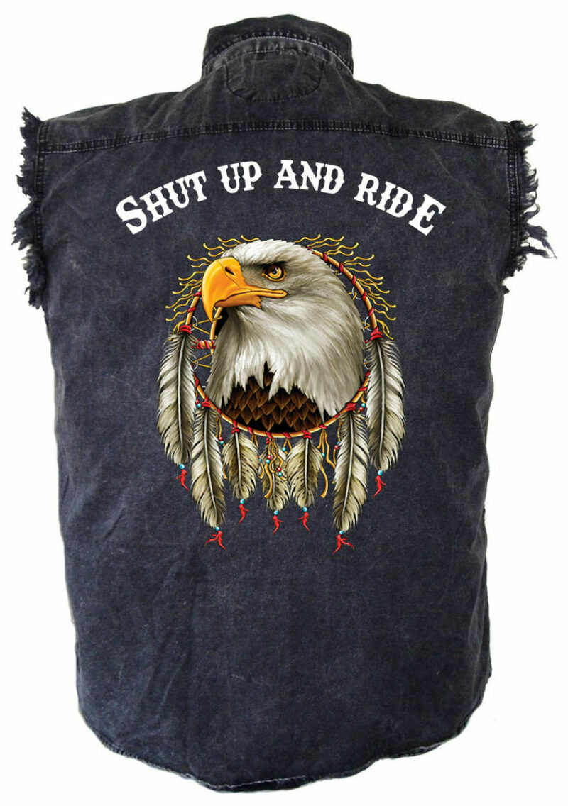 Men's Shut Up And Ride Dreamcatcher Eagle Acid Washed Denim Biker Shirt